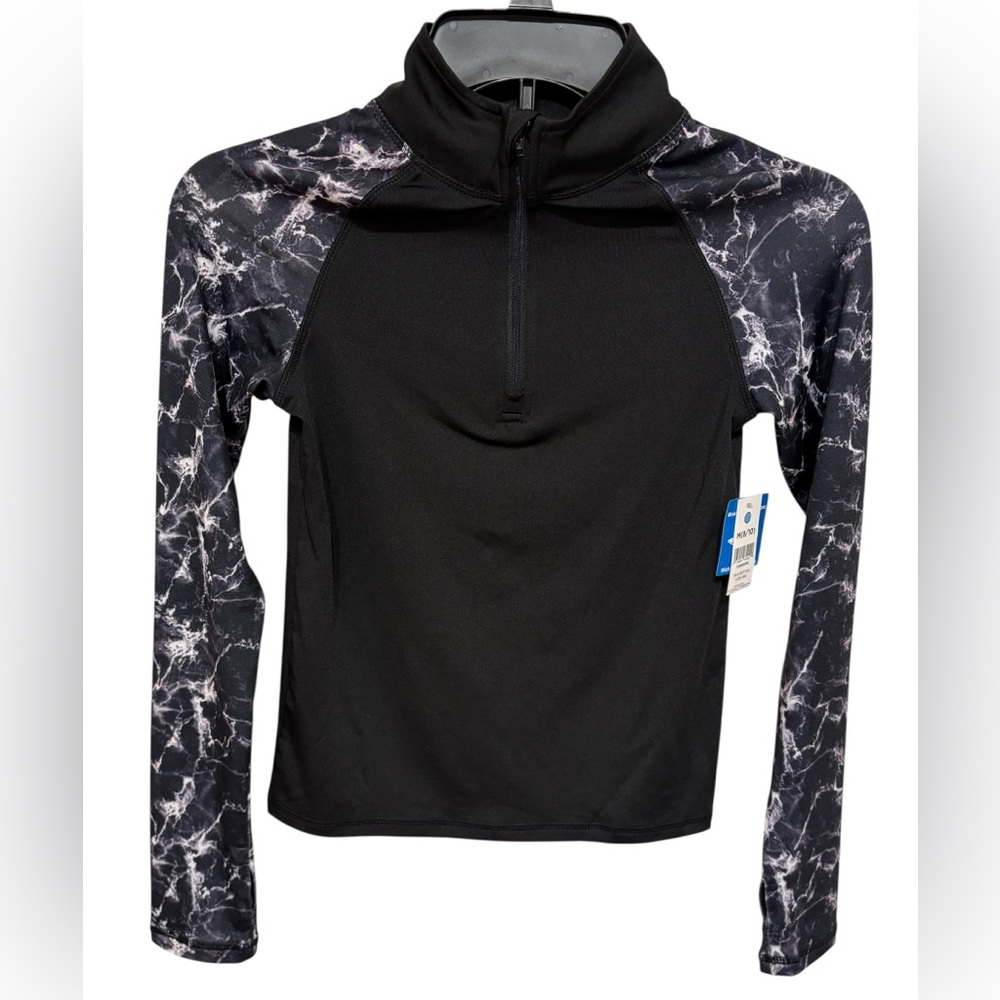 Boys Black Half-Zip Pullover with Marble-Print Sleeves Size 8-10 NWT